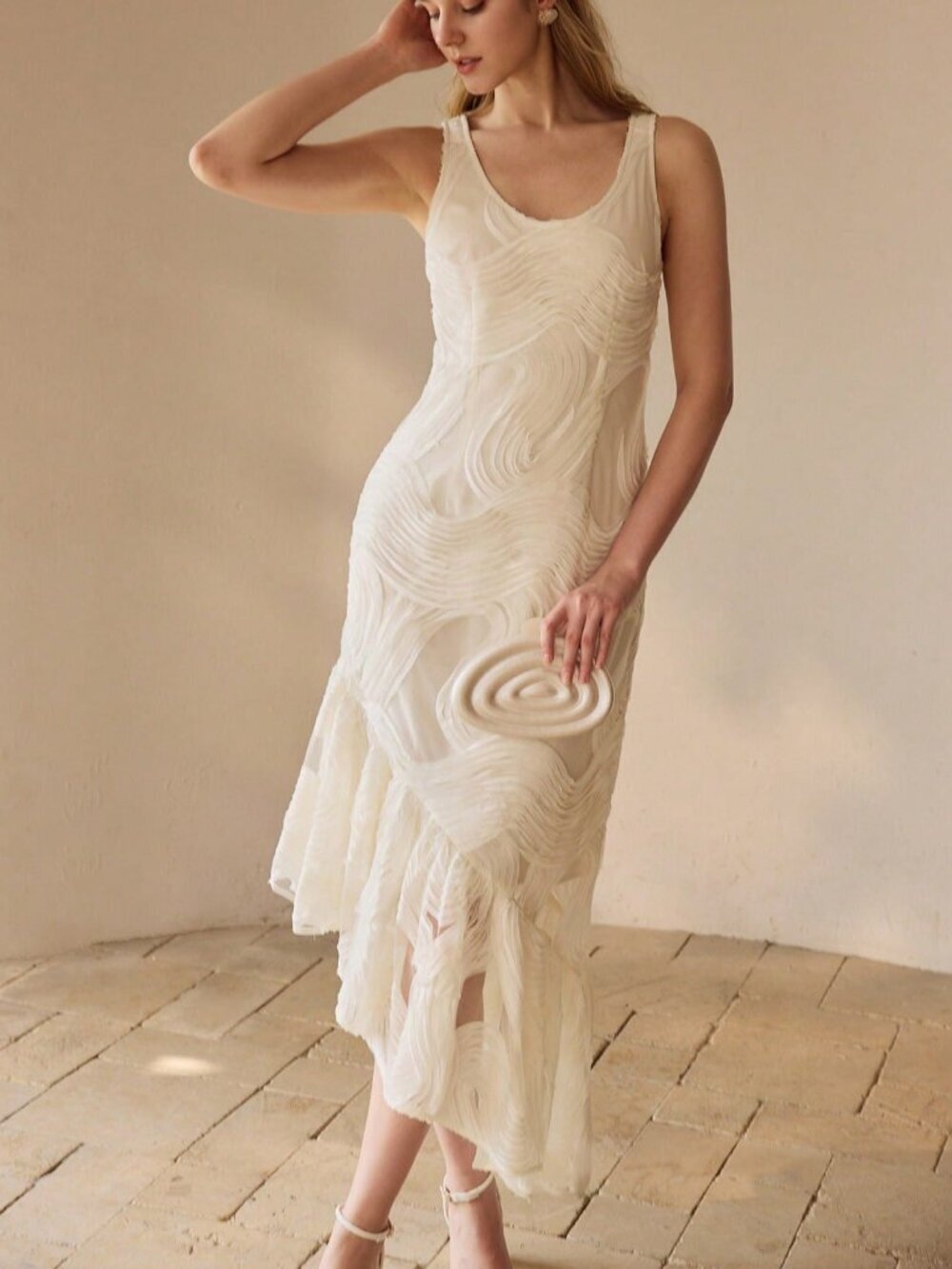 Apricot Elegant Asymmetrical Ruffle Hem Tie-Back Cinched Waist Women's Dress